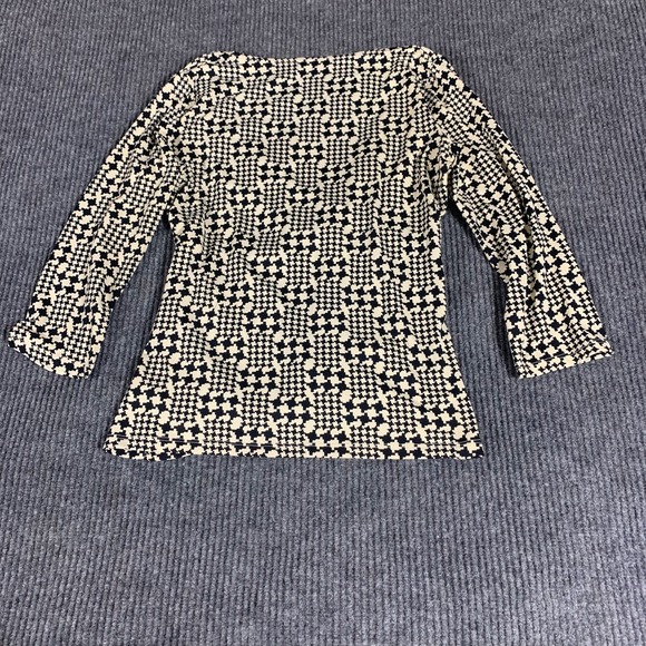 Talbots Top‎ Womens Large Petite LP White Black Faux Wrap Stretch 3/4 Sleeve AOP - Picture 10 of 12